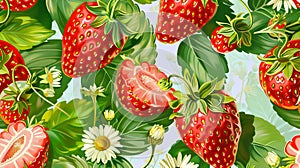 Abstract seamless pattern with red strawberry with green leaves and daisies isolated on white background. Close-up.
