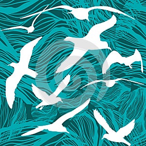 Abstract seamless pattern sea graphic and flying seagulls. Vector illustration