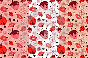 Abstract seamless pattern. Shades of pink images, silhouettes of lips, ladybug, strawberry, flower, heart in background