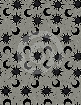 Abstract seamless pattern with spiritual signs, stylized sun and moon. Mystical theme, tarot cocept.