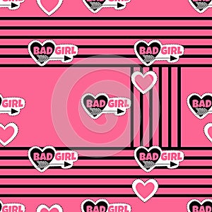 Abstract seamless pattern with stickers and hearts.