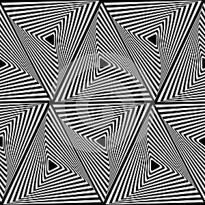 Abstract Seamless pattern with striped black white triangles. Optical art illusion effect. Graphic line background. Geometric