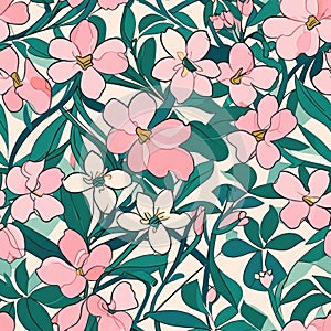 abstract seamless pattern with stylized leaves and colorful spring flowers