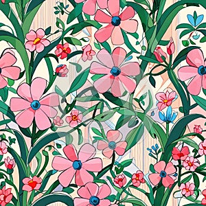 abstract seamless pattern with stylized leaves and colorful spring flowers