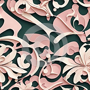 abstract seamless pattern with stylized leaves and delicate colorful spring flowers created with paper art style