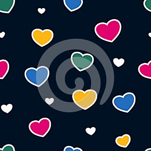Abstract seamless pattern tile with bright colorful hearts on dark blue background vector. Geometric shapes ornament