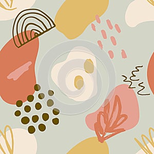 Abstract seamless pattern in trendy style with botanical and geometric elements, textures.
