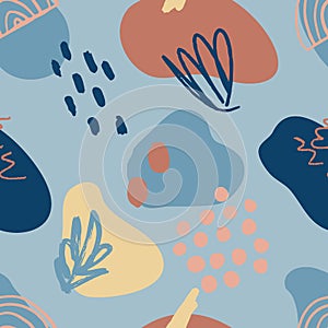 Abstract seamless pattern in trendy style with botanical and geometric elements, textures.
