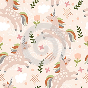 Abstract seamless pattern with trendy unicorns