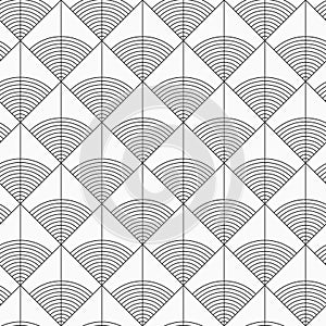 Abstract seamless pattern of of triangles with rounded lines inside. Vector monochrome background