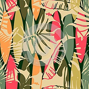 Abstract seamless pattern with tropical leaves.