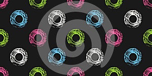 Abstract Seamless Pattern of White, Blue, Green, Pink Hand-Drawn Circles on Dark Background. Style of Children\'s Drawing