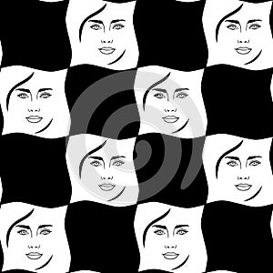 Abstract seamless pattern with womans faces on chess board bakcground