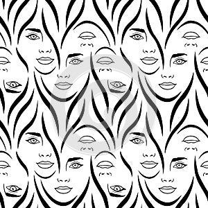 Abstract seamless pattern with womans faces and hair