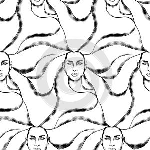 Abstract seamless pattern with womans heads and hair