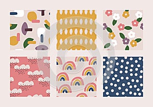 Abstract seamless patterns with hand drawn doodle objects and nature elements like flower, leaf, rainbow, cloud