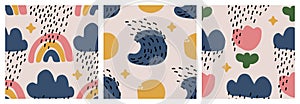 Abstract seamless patterns with hand drawn doodle objects and nature elements of weather conditions