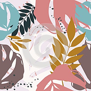 Abstract seamless patterns with leaves and geometric shapes