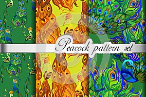 Abstract seamless patterns set, gold green peacock feathers. Vector illustration