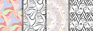 Abstract seamless patterns set with womans faces