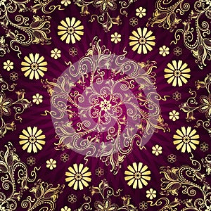 Abstract seamless purple pattern with golden floral mandala