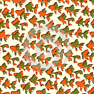 Abstract seamless puzzle fish background with color mix green and red.