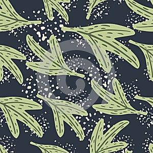 Abstract seamless random pattern with light green leaf shapes. Navy blue background with splashes