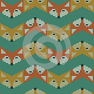 Abstract seamless retro fox pattern in line. Big cross-stitch.