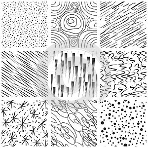 Abstract seamless texture patterns. Simple lined and splatter paint splashes black drop vector pattern set