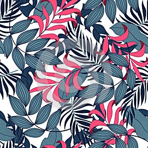 Abstract seamless tropical pattern with colorful plants and leaves. Jungle leaf seamless vector floral pattern background.