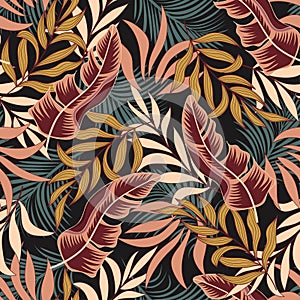 Abstract seamless tropical pattern with colorful plants and leaves. Jungle leaf seamless vector floral pattern background.