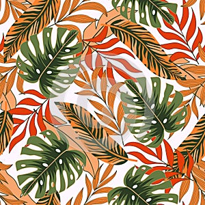 Abstract seamless tropical pattern with colorful plants and leaves. Jungle leaf seamless vector floral pattern background.