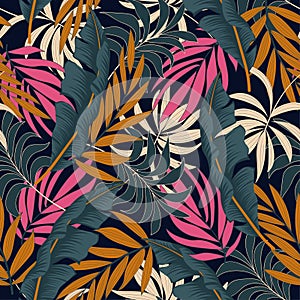 Abstract seamless tropical pattern with colorful plants and leaves. Jungle leaf seamless vector floral pattern background.