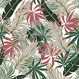 Abstract seamless tropical pattern with colorful plants and leaves. Jungle leaf seamless vector floral pattern background.