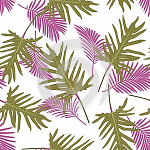 Abstract seamless tropical pattern with green pink leaves on white background.