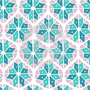 Abstract seamless vector ornament of snowflake shapes in pastel winter colors