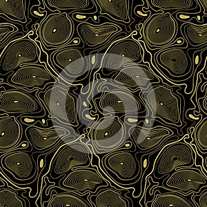 Abstract seamless vector pattern. Blending lines, ripples, waves. Black and gold. Isolated from the background.