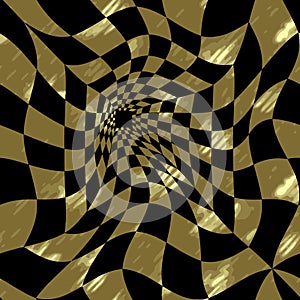 Abstract seamless vector pattern. Distorted space. Optical illusion. Black and gold. Graphic