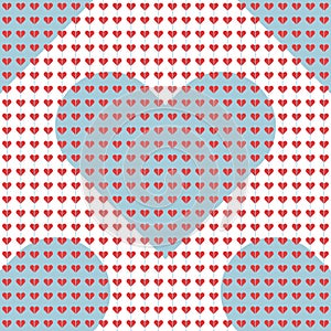 Abstract Seamless vector pattern with red polka dot hearts on a white background with big blue hearts.