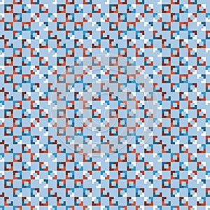 Abstract seamless vector pattern with simple geometric tiles in shades of blue, red and white.