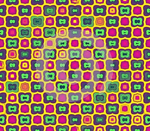 Abstract seamless yellow background of green color with a stroke, and yellow and pink squares with stroke