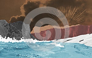 Abstract seascape illustration made of vintage paper