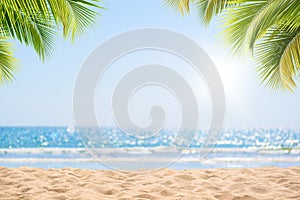 Abstract seascape with palm tree, tropical beach background.