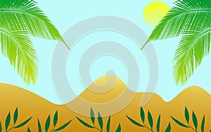 Abstract seascape with palm tree, tropical beach background.