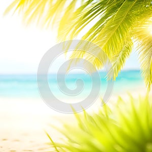 Abstract seascape with palm tree, tropical beach background. blur bokeh light of calm sea and sky. summer vacation background