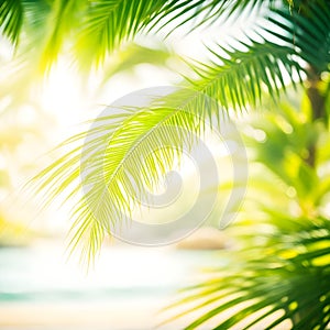 Abstract seascape with palm tree, tropical beach background. blur bokeh light of calm sea and sky. summer vacation background