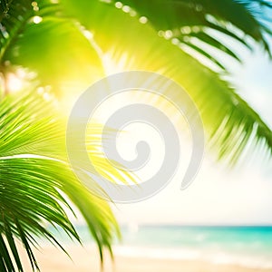 Abstract seascape with palm tree, tropical beach background. blur bokeh light of calm sea and sky. summer vacation background