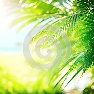 Abstract seascape with palm tree, tropical beach background. blur bokeh light of calm sea and sky. summer vacation background