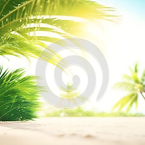 Abstract seascape with palm tree, tropical beach background. blur bokeh light of calm sea and sky. summer vacation background