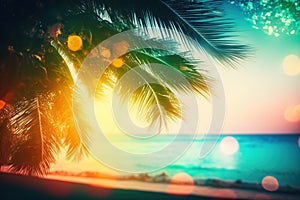 Abstract seascape with palm tree tropical beach background, created with Generative AI technology